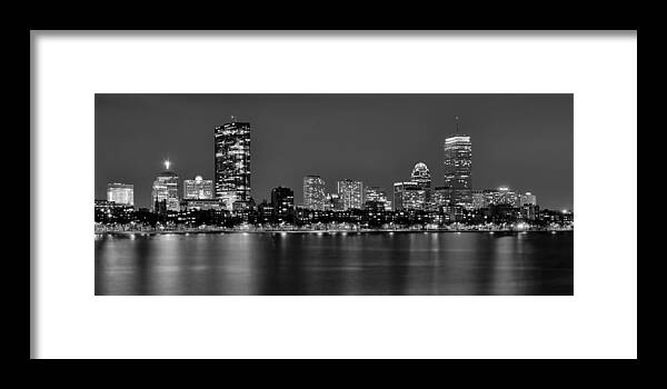 Boston Skyline At Night Framed Print featuring the photograph Boston Back Bay Skyline at Night Black and White BW Panorama by Jon Holiday