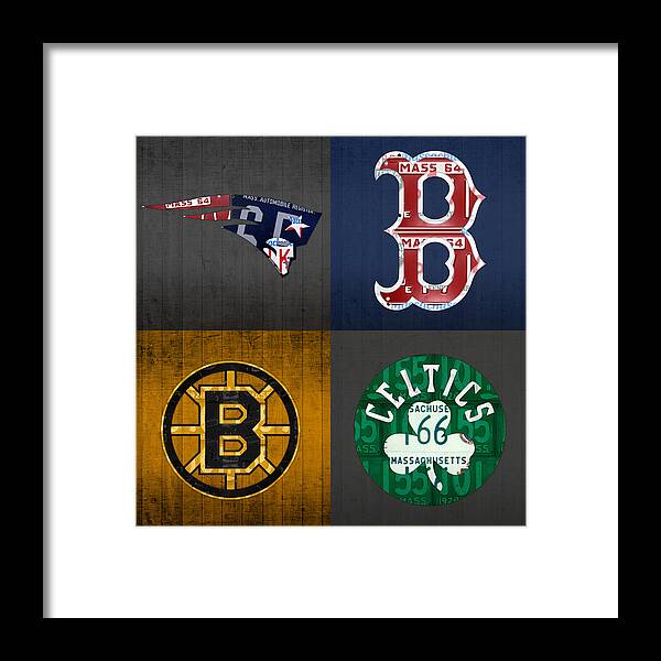 Boston Sports Fan Recycled Vintage Massachusetts License Plate Art Patriots  Red Sox Bruins Celtics Framed Print