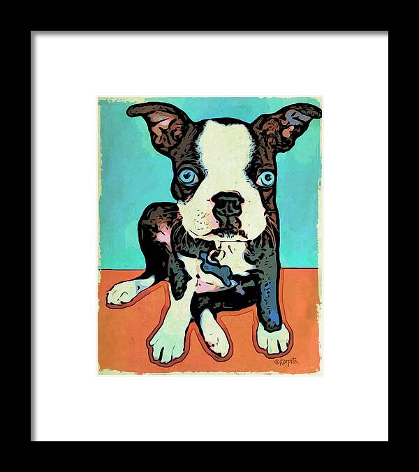 Rebecca Korpita Framed Print featuring the digital art Boston Terrier - Blue by Rebecca Korpita