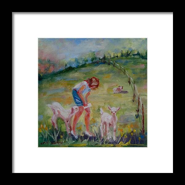 Baby Goats Framed Print featuring the painting Bottle Feeding Spring Babies by Carol Berning