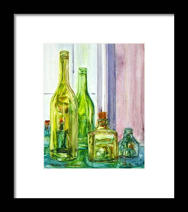 Bottle Framed Print featuring the painting Bottles - Shades of Green by Anna Ruzsan