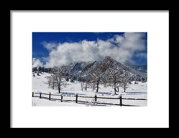 Flatirons Framed Print featuring the photograph Boulder Colorado Flatirons Snowy Landscape View by James BO Insogna