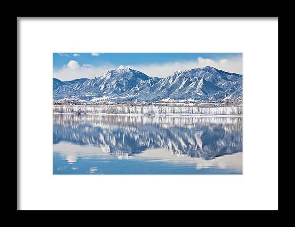 Winter Framed Print featuring the photograph Boulder Reservoir Flatirons Reflections Boulder Colorado by James BO Insogna