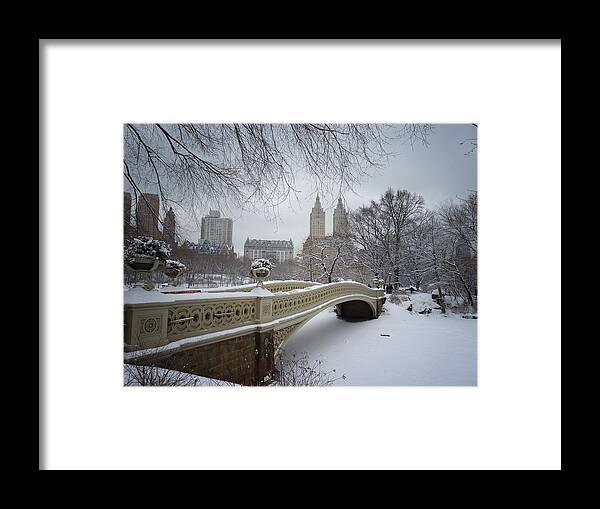 Landscape Framed Print featuring the photograph Bow Bridge Central Park in Winter by Vivienne Gucwa