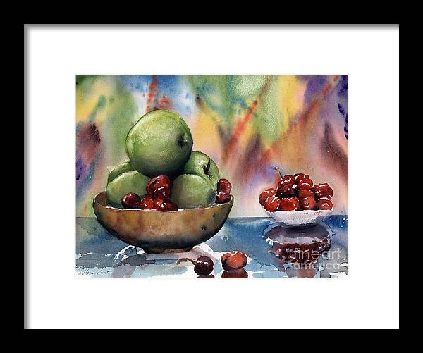 Apples And Cherries Framed Print featuring the painting Apples in a Wooden Bowl With Cherries on the Side by Maria Hunt
