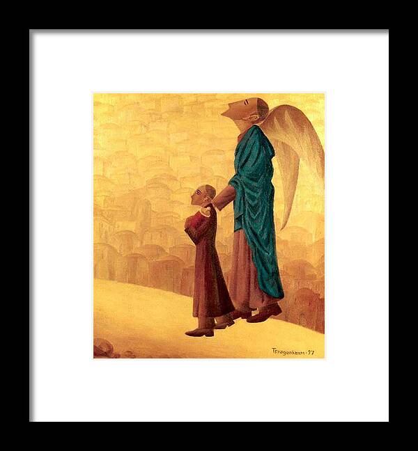 Boy Leading The Blind Angel Framed Print featuring the painting Boy Leading the Blind Angel by Israel Tsvaygenbaum