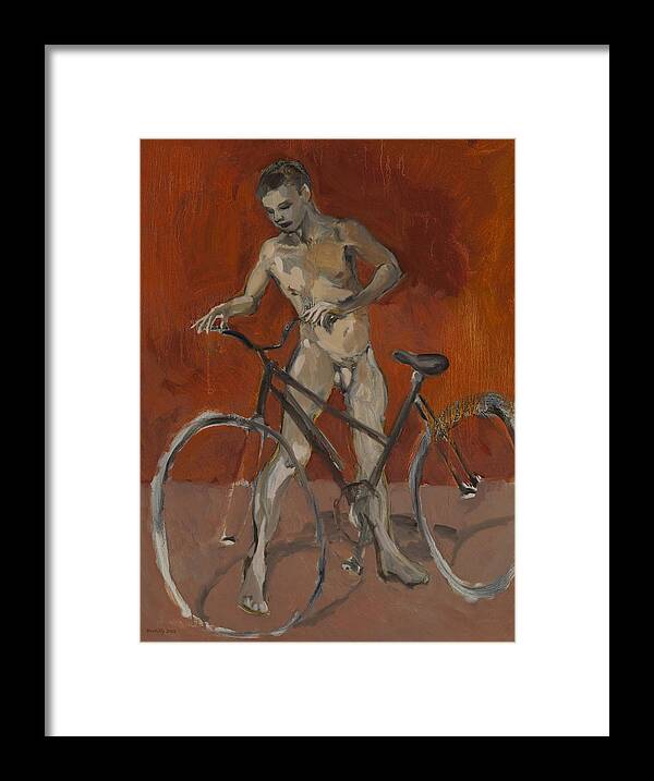 Boy Framed Print featuring the painting Boy with bicycle red oxide by Peregrine Roskilly