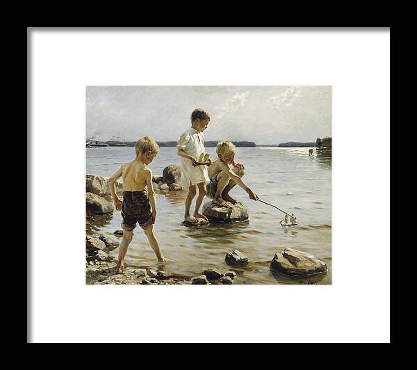 Albert Edelfelt Framed Print featuring the painting Boys Playing on the Shore by Albert Edelfelt