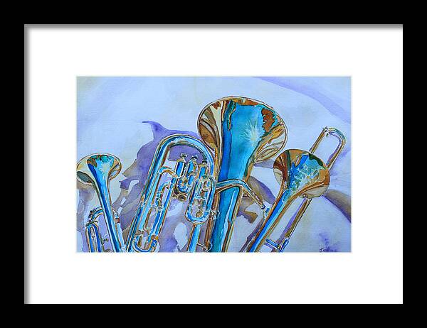 Trombone Framed Print featuring the painting Brass Candy Trio by Jenny Armitage