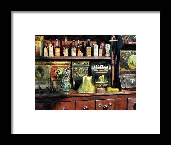 General Store Framed Print featuring the photograph Brass Funnel and Spices by Susan Savad