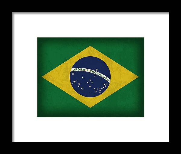 Brazil Flag Framed Print featuring the mixed media Brazil Flag Vintage Distressed Finish by Design Turnpike