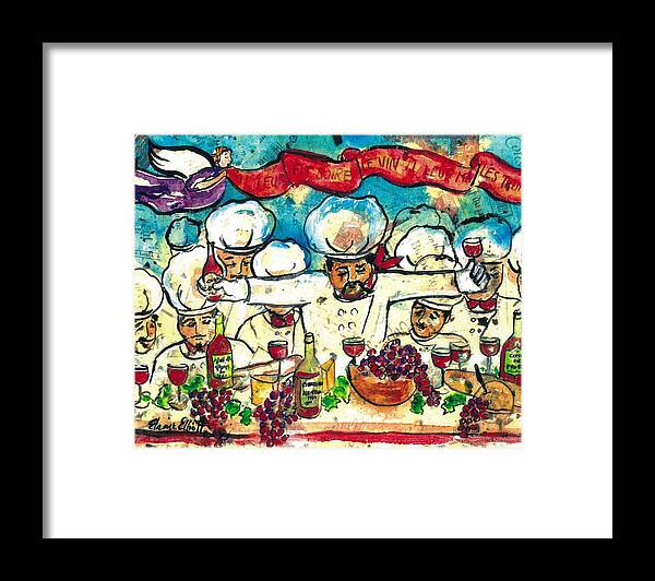 Chefs Framed Print featuring the painting Break the Bread Drink the Wine Eat the Truffles by Elaine Elliott