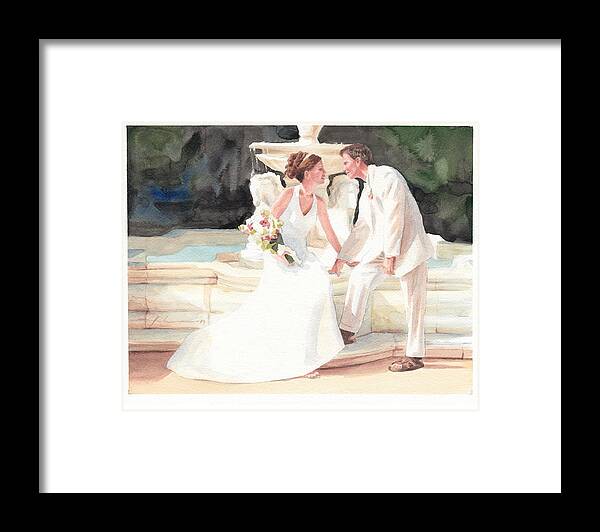 <a Href=http://miketheuer.com Target =_blank>www.miketheuer.com</a> Bride Groom Fountain Watercolor Portrait Framed Print featuring the drawing Bride Groom Fountain Watercolor Portrait by Mike Theuer