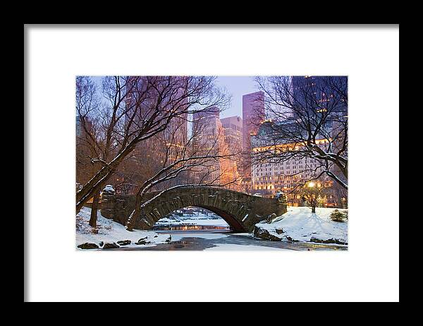 Snow Framed Print featuring the photograph Bridge Over Pond At Dusk In Central by Richard I'anson