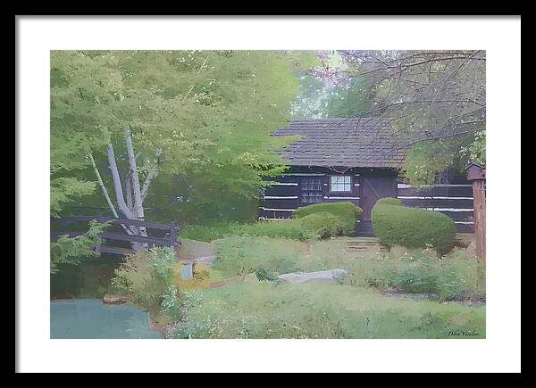 Log Cabin Retreat Framed Print featuring the painting Bridge To Harmony by Debra   Vatalaro