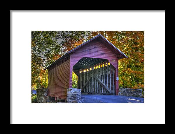 Roddy Road Covered Bridge Framed Print featuring the photograph Bridge to the Past Roddy Road Covered Bridge-A1 Autumn Frederick County Maryland by Michael Mazaika