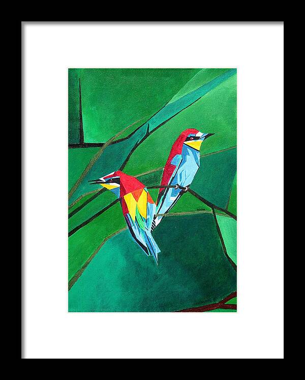 European Bee Eater Framed Print featuring the painting Brighly Colored European Bee-eaters by Taiche Acrylic Art