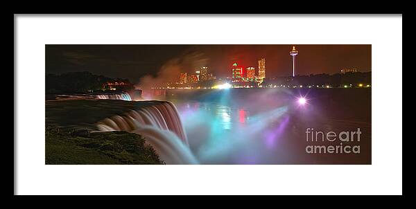 Niagara Falls Panorama Framed Print featuring the photograph Bright Lights At Niagara Falls Panorama by Adam Jewell