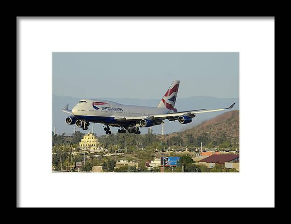 Airplane Framed Print featuring the photograph British Airways Boeing 747-436 G-BNLX landing Phoenix Sky Harbor March 10 2015 by Brian Lockett