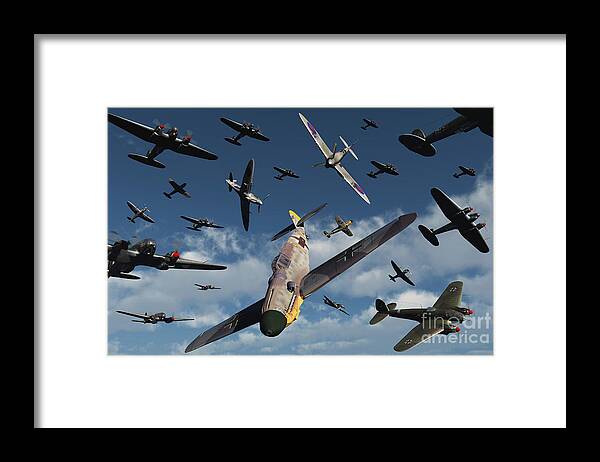 Artwork Framed Print featuring the digital art British Supermarine Spitfires Attacking by Mark Stevenson