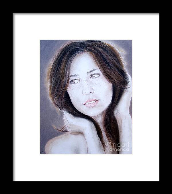 Model Framed Print featuring the drawing Brown Haired and Lightly Freckled Beauty by Jim Fitzpatrick
