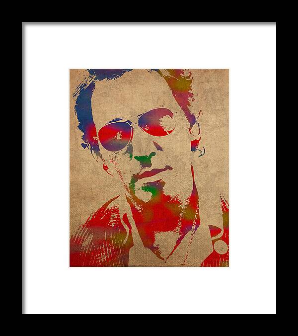 Bruce Springsteen Watercolor Portrait On Worn Distressed Canvas Framed Print featuring the mixed media Bruce Springsteen Watercolor Portrait on Worn Distressed Canvas by Design Turnpike
