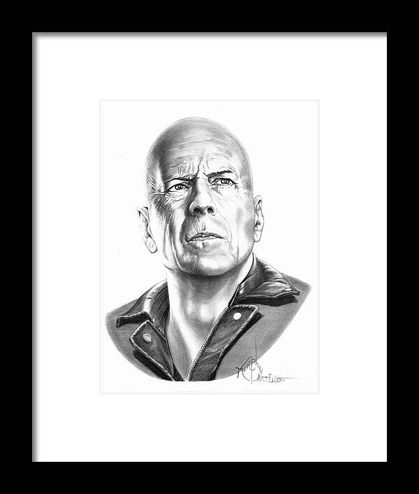 Pencil Framed Print featuring the drawing Bruce Willis by Murphy Elliott