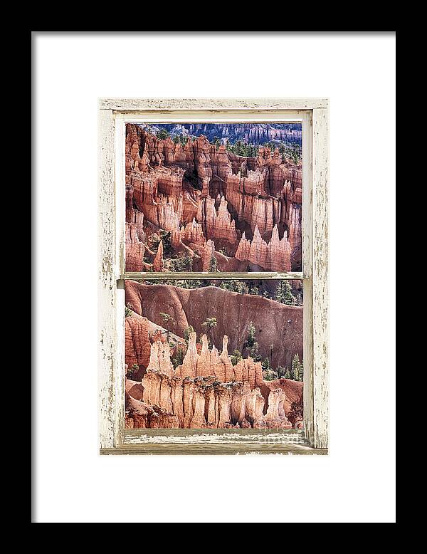 Windows Framed Print featuring the photograph Bryce Canyon Utah View Through A White Rustic Window Frame by James BO Insogna
