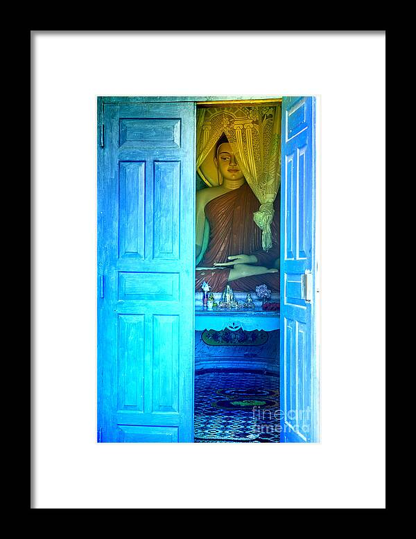 Buddha Framed Print featuring the photograph Buddha Behind A Blue Door by Gina Koch
