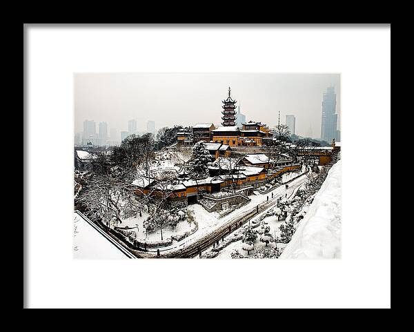 China Framed Print featuring the photograph Buddha - Jiming Temple in the Snow - colour version by Dean Harte