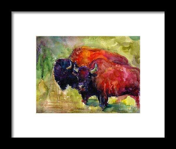 Bison Framed Print featuring the painting Buffalo Bisons painting by Svetlana Novikova