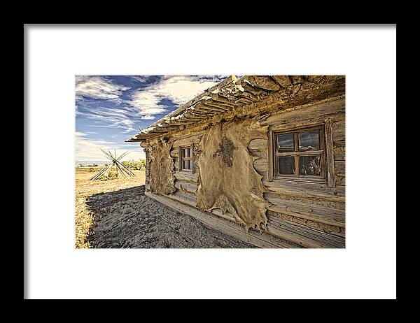 Old Trading Post Co.fine Art Photography. Mixed Media Trading Post Photography. Indian Trading Post Co. Cowboy And Indian. Buffalo Trading Post. Mixed Media Indian And Cowboy. Mixed Media Indian Photography. Blue Sky. Old Log Cabin. Old Trading Post Photography. Buffalo Hides. Mountain Men Colorado. Mountain Men And Indian Colorado. Mixed Media Fine Art Photography Colorado.clouds Framed Print featuring the photograph Buffalo Hide on Trading Post Colorado by James Steele