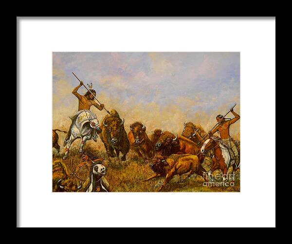Native Americans Framed Print featuring the painting Buffalo Hunt by Amanda Hukill