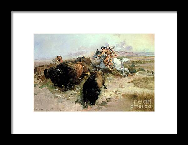 Buffalo Framed Print featuring the painting Buffalo Hunt by Charles Marion Russell