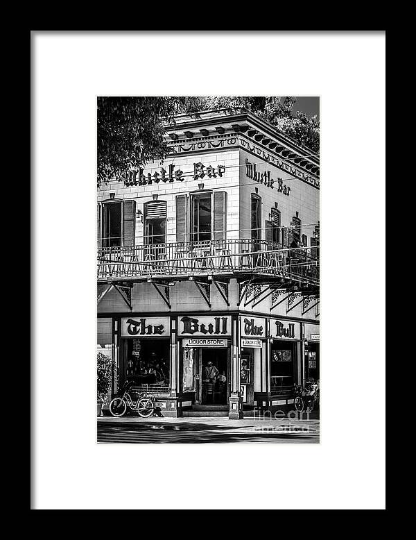 America Framed Print featuring the photograph Bull and Whistle Key West - Black and White by Ian Monk