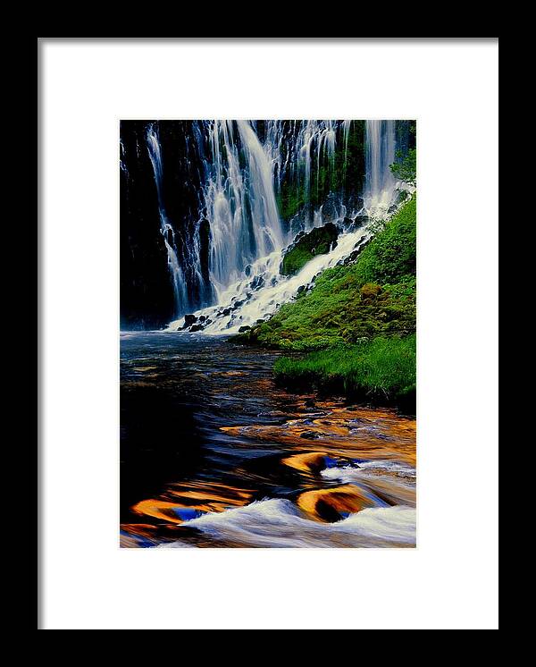 Burney Framed Print featuring the photograph Burney Falls sunrise reflection by Jetson Nguyen