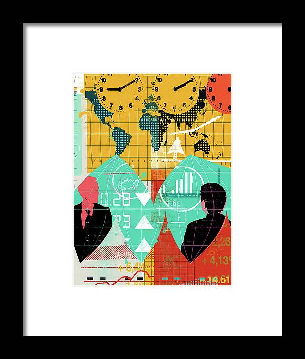 Adult Framed Print featuring the photograph Businessmen With World Map, Financial by Ikon Ikon Images