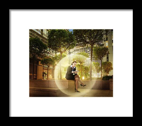 Corporate Business Framed Print featuring the photograph Businesswoman within virtual sphere by Robert Decelis Ltd