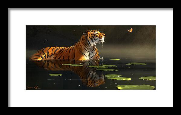 Tiger Framed Print featuring the digital art Butterfly Contemplation by Aaron Blaise