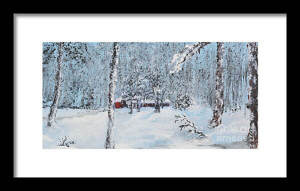 Burlap Framed Print featuring the painting Cabin In The Woods by Alys Caviness-Gober