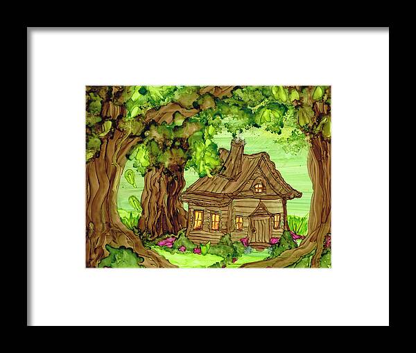 Landscape Framed Print featuring the painting Cabin In The Woods by Kelly Dallas