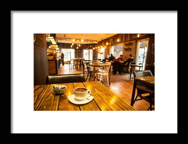 Event Framed Print featuring the photograph Caffee on table and blured cafe by Tolimir