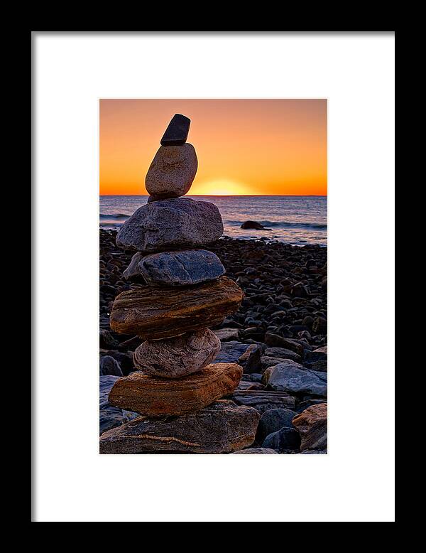 New Hampshire Framed Print featuring the photograph Cairn At Sunrise Rye Harbor NH by Jeff Sinon
