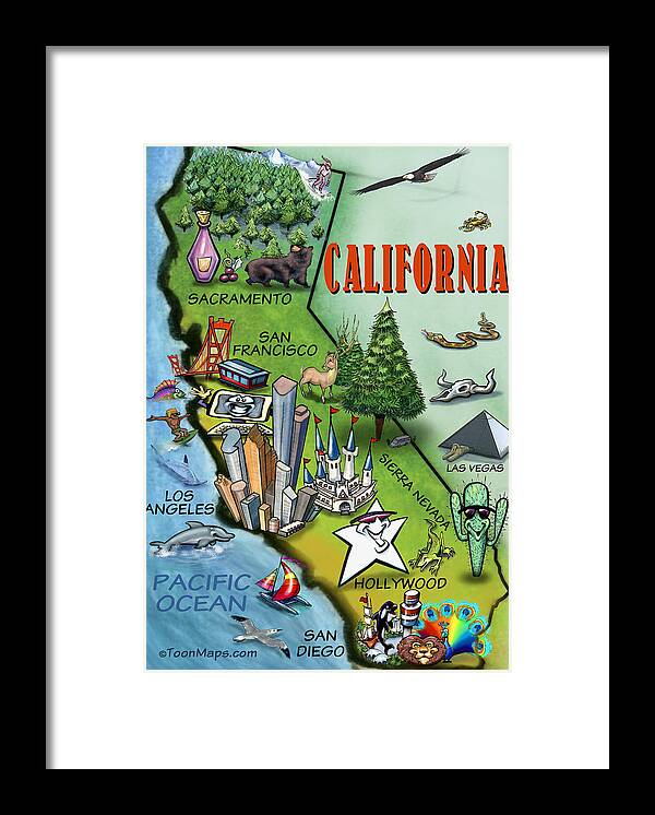 California Framed Print featuring the digital art California Cartoon Map by Kevin Middleton