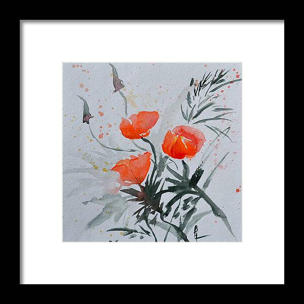 Poppy Framed Print featuring the painting California Poppies Sumi-e by Beverley Harper Tinsley