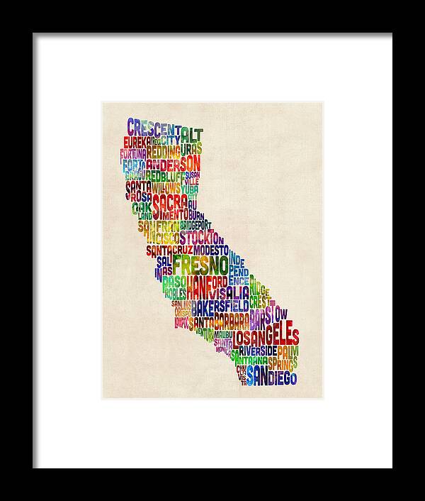 California Framed Print featuring the digital art California Typography Text Map by Michael Tompsett