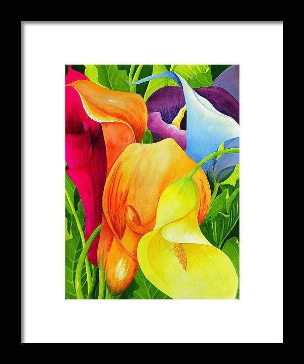 Flower Paintings Framed Print featuring the painting Calla Lily Rainbow by Janis Grau