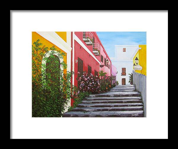 Puerto Rico Framed Print featuring the painting Callejon En El Viejo San Juan by Gloria E Barreto-Rodriguez