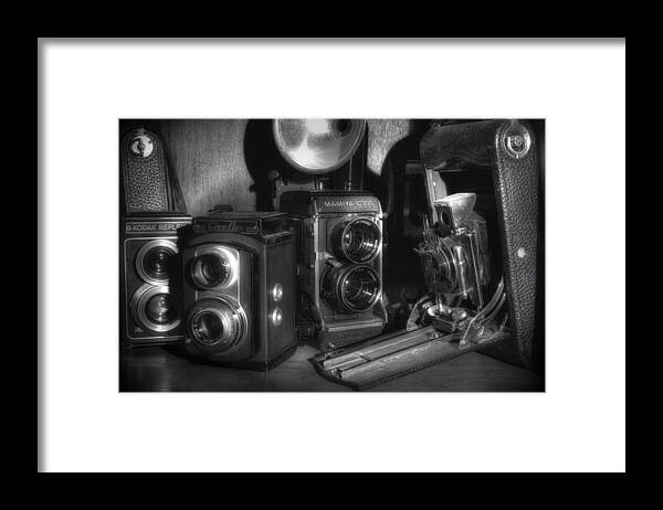 Antique Cameras Framed Print featuring the photograph Cameras In The Cupboard 2 by Michael Eingle
