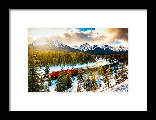 Freight Transportation Framed Print featuring the photograph Canadian Pacific Railway Train through Banff National Park Canada by Ferrantraite